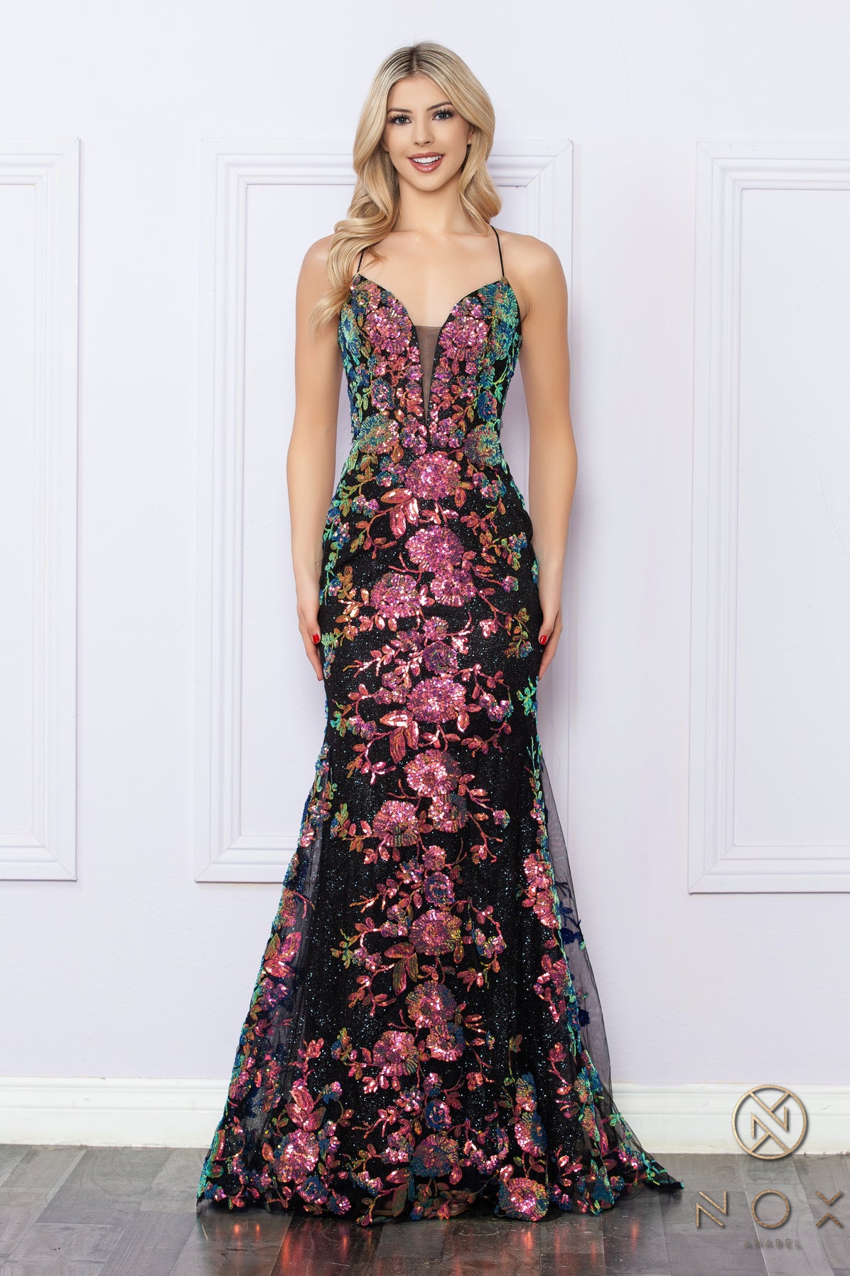 Floral Sequin Strappy Prom Dress_NX R1439
