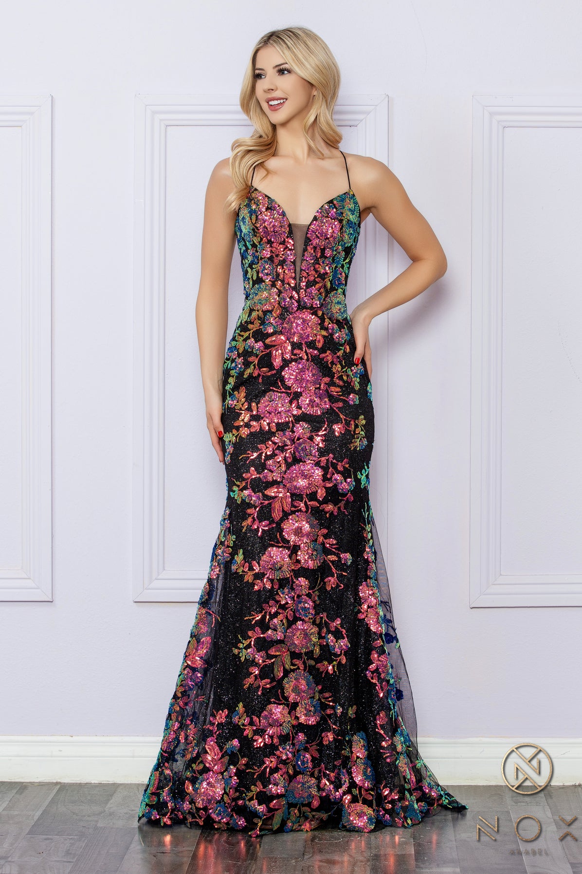 Floral Sequin Strappy Prom Dress_NX R1439