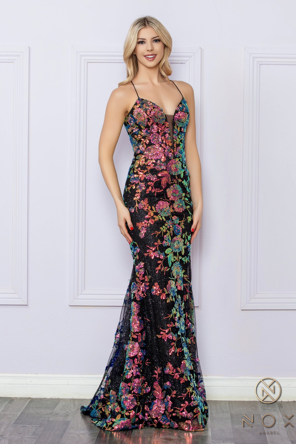 Floral Sequin Strappy Prom Dress_NX R1439