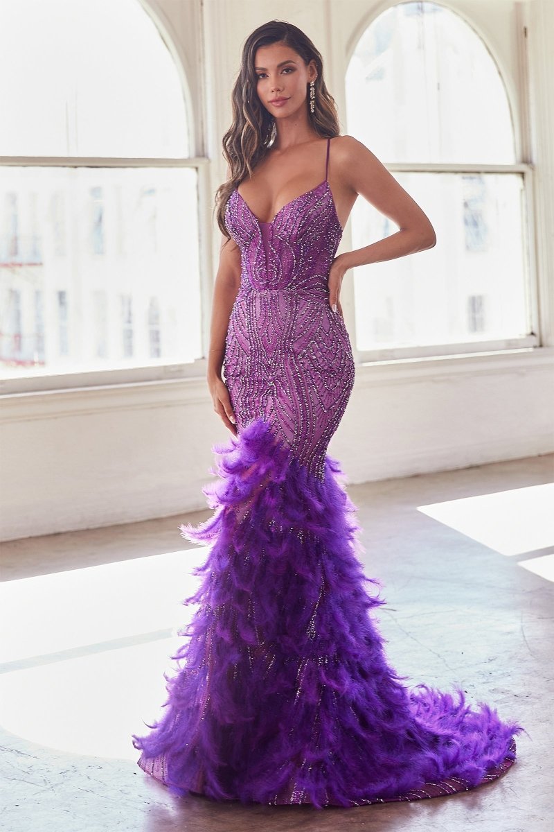 Glamorous Feathered Sequin Prom Dress_LD CC2308