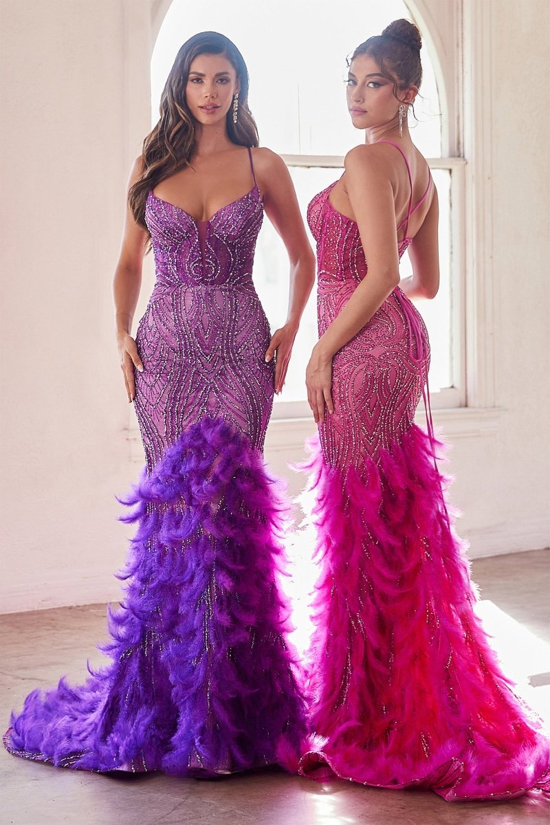 Glamorous Feathered Sequin Prom Dress_LD CC2308