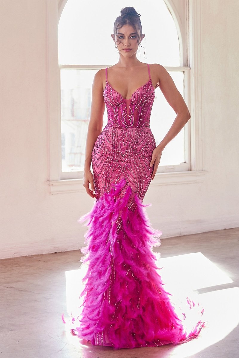 Glamorous Feathered Sequin Prom Dress_LD CC2308