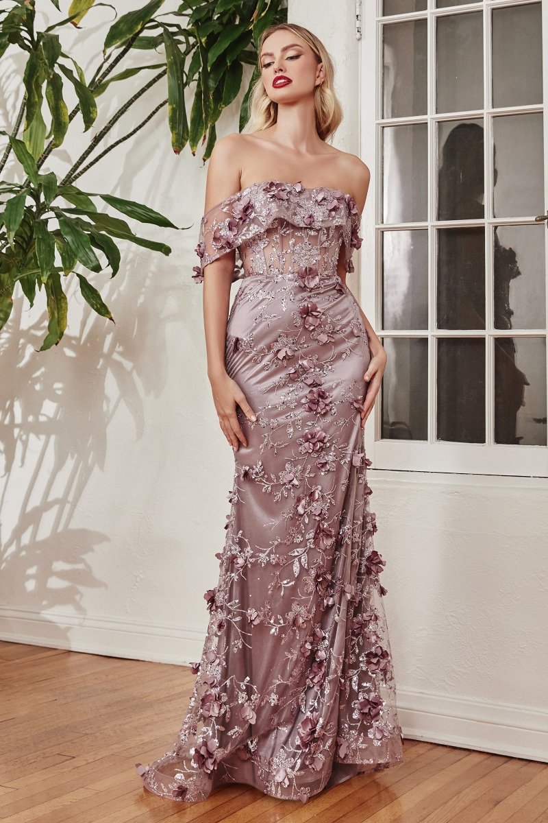 Elegant Floral Off-Shoulder Prom Dress_LD J832